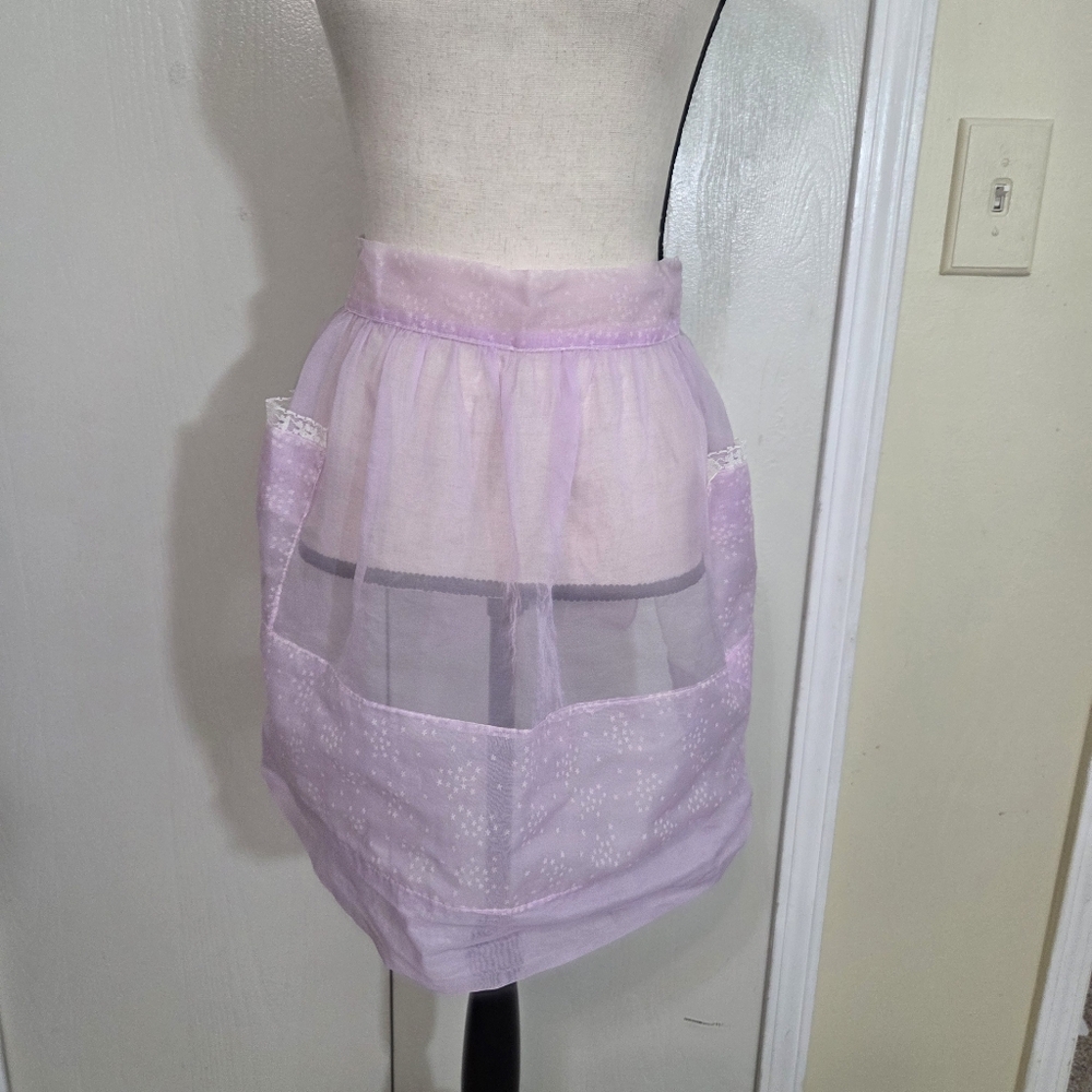 vtg 1960s lavender handmade organza kitchen half apron post war tie waist sheer